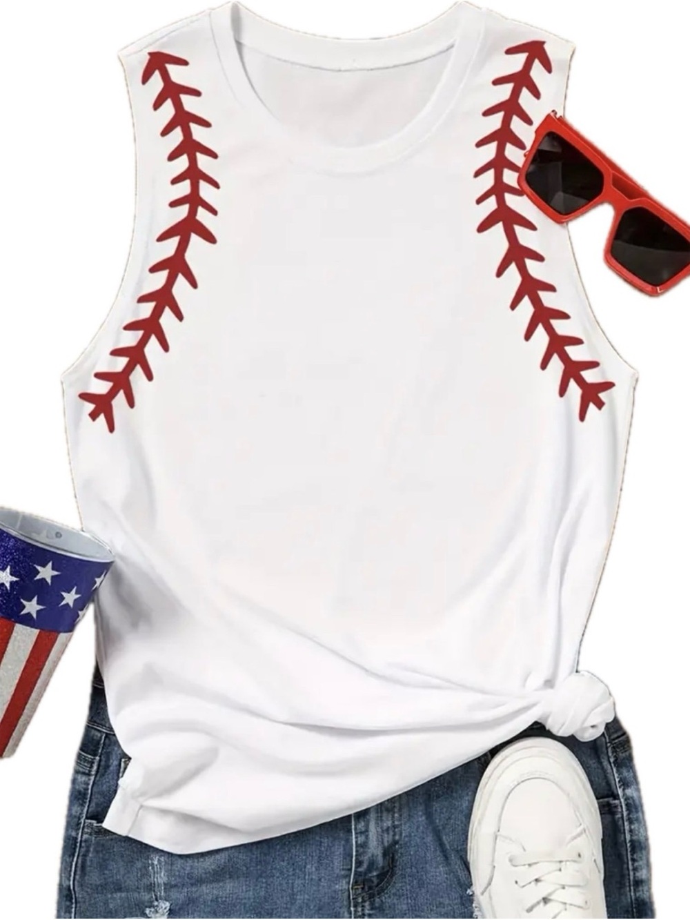 White Sleeveless Baseball Stitch Tank Top